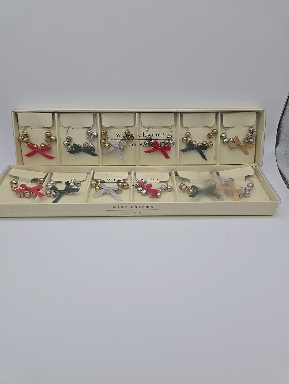 Pier 1 Wine Glass Charms Set of 6 Lot Of 2 Tiny Gold and Silver Bells Christmas
